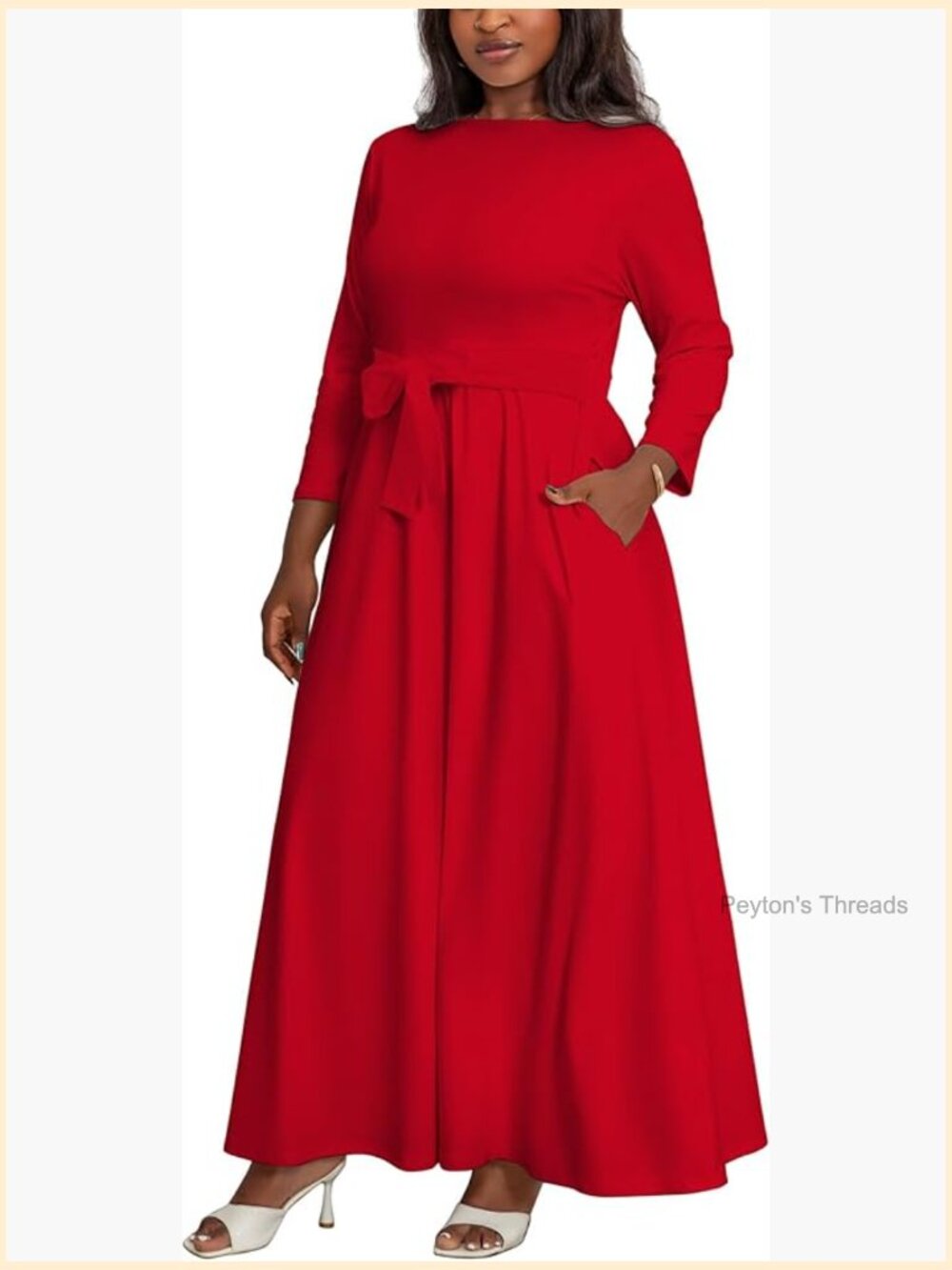 Plus Size Maxi Dress with Belt Crew Neck 3/4 Sleeve Flowy Long Dress L to 5XL